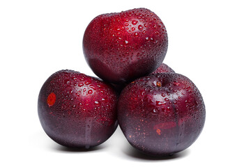 Isolated plums fruit. fresh red plums fruit with water drop.