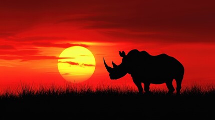 Naklejka premium and rare black rhino standing proudly in an African reserve, with a dramatic sunset in the background, representing the critical need for protection against poaching and habitat loss