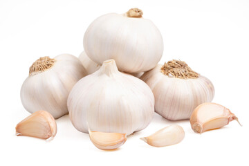 garlic cloves, bulb with garlic slices isolated on white background.
