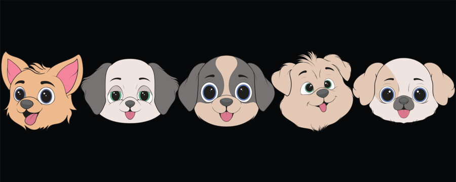 Bundling Head Dog Character Illustration, Coloring Book Page with Dog, Isolated Head Dog with Black Background.