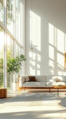 Fototapeta premium Bright and Airy Living Room with Large Windows and Modern Furniture