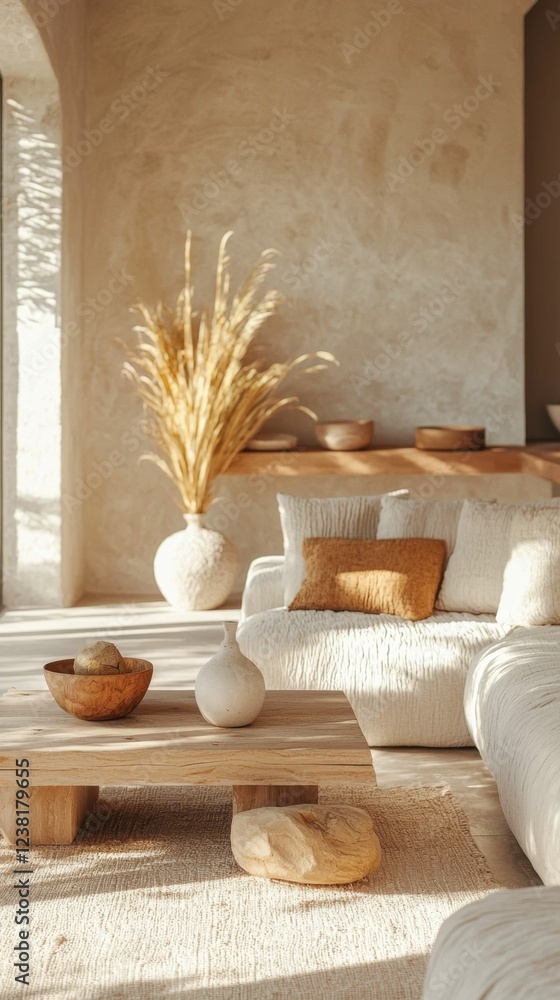 Wall mural Cozy Minimalist Living Room with Natural Textures and Warm Tones