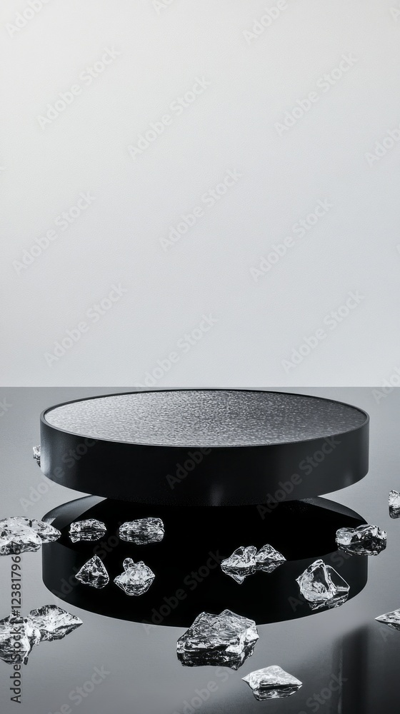 Aufkleber a sleek black metal podium stands out against a minimalist backdrop, surrounded by scattered shiny s