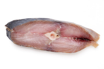 Slices of tasty salted mackerel and parsley isolated on white background.