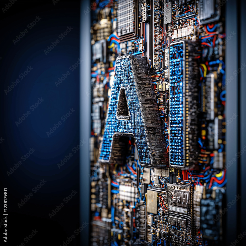 Poster ai lettering made of intricate circuits and electronic components on a dark background