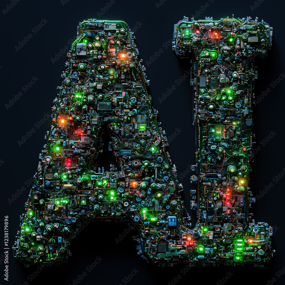 Poster ai letters built from green glowing circuits, wires, and electronic components on a dark background