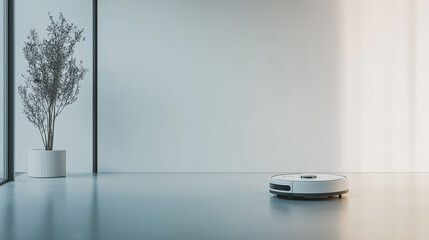 Smart Home Automation: A sleek and modern robot vacuum cleaner operates autonomously, ensuring a spotless and dust-free environment. Its minimalist design complements the sleek interior.