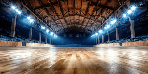 Spacious indoor arena with bright lights and polished wooden floor, copy space