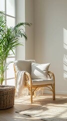 Fototapeta premium Cozy Rattan Chair with Soft Cushions in Bright Modern Interior