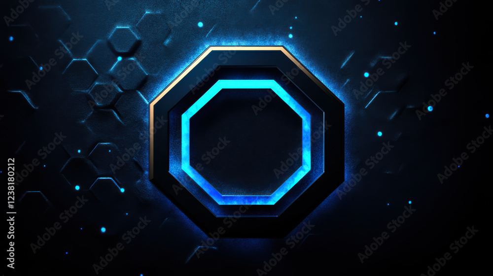Poster digital octagonal frame with glowing blue elements against a dark background in a futuristic style