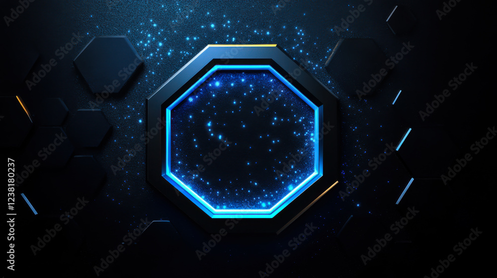 Poster digital octagonal frame with glowing blue elements against a dark background in a futuristic style
