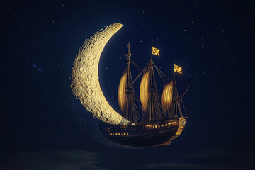 Sailing on a moonlit sea with a vintage ship against a starry sky at night