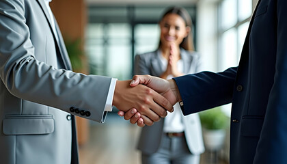 Professional Handshake in a Bright Office Setting  Two Business Professionals in Formal Attire Sealing an Agreement, with a Colleague Observing  Collaboration and Partnership Concept