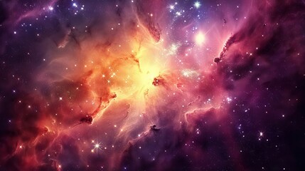 Naklejka premium Majestic cosmic panorama of a swirling nebula surrounded by glimmering galaxies in the depths of outer space, featuring an ethereal abstract cosmos background