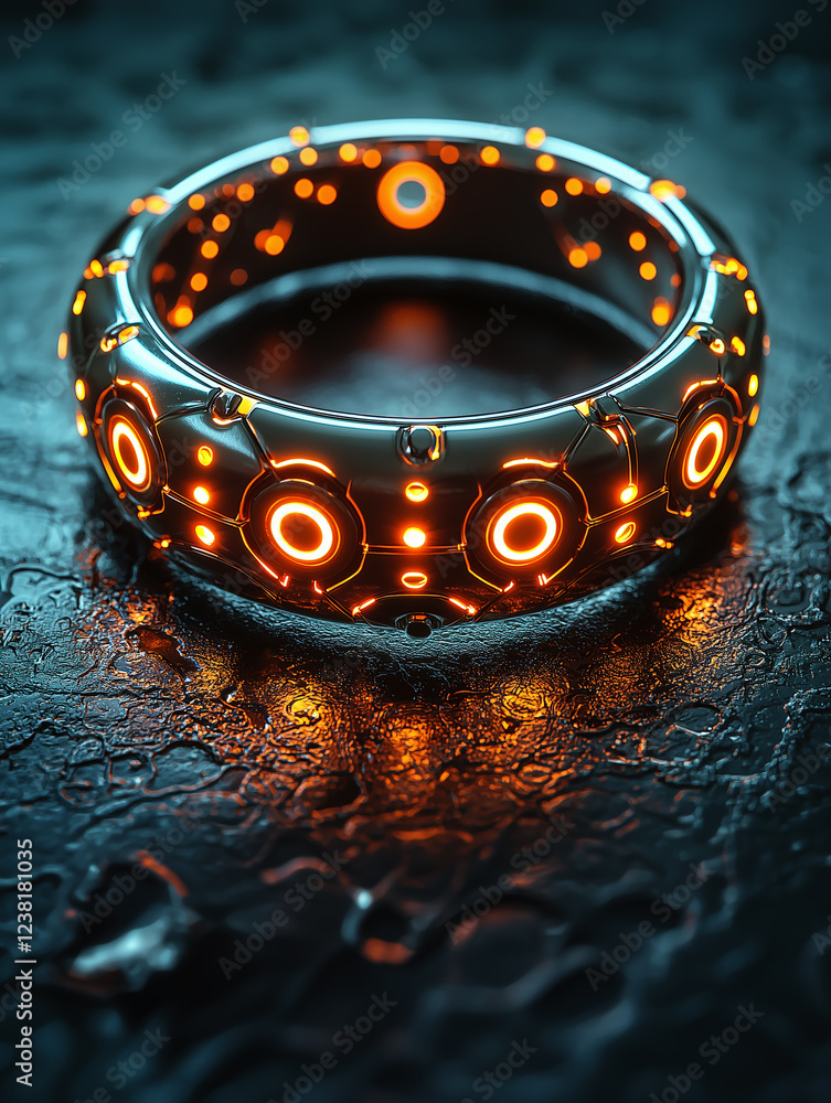 Aufkleber futuristic smart ring with glowing orange circular patterns on a wet textured surface, copy space