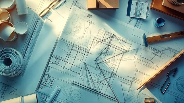 Architectural Blueprint: Sunlit architectural blueprints and design tools lay scattered on a table, showcasing the creative process of house design.  