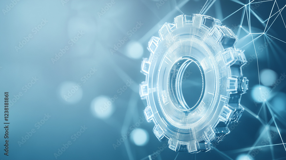 Poster digital gear in network: abstract image of a translucent gear, rendered in a 3d style, set against a