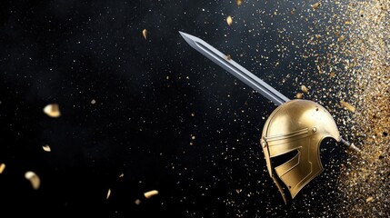 Naklejka premium A golden helmet with a sword is flying through the air