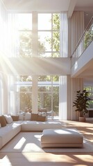 Fototapeta premium Bright and Airy Modern Living Room with Large Windows and Plants