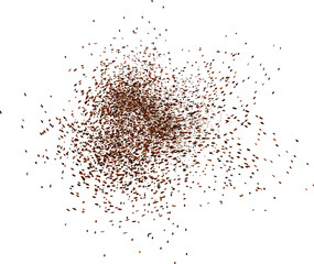 Chocolate and coffee powder, scattered cocoa on a light background. Particles of earth and dust. Brown sand texture.Top view of the cake.