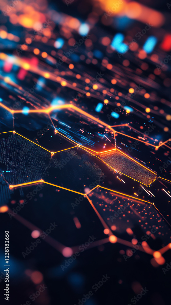 Poster digital circuitry with glowing lines and nodes in a high-tech environment