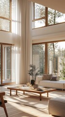 Fototapeta premium Bright Modern Living Room with Large Windows and Natural Light