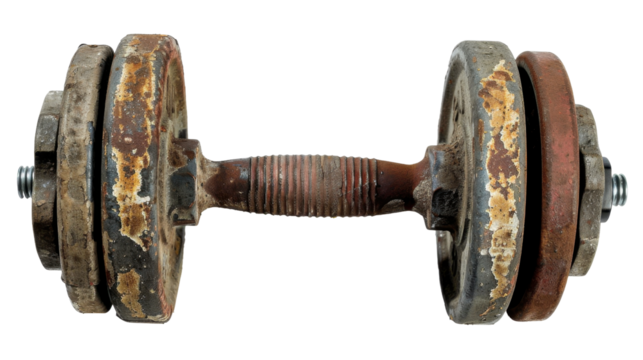 Rusty dumbbell isolated on transparent background representing strength training and fitness
