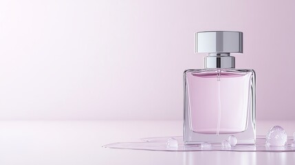 Elegant perfume bottle on a glossy surface with a soft pink background for luxury and style concepts.