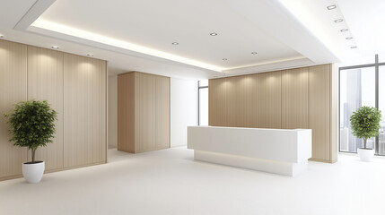 Modern Office Reception: Clean lines and minimalist design define this contemporary office reception area. Natural light floods the space.