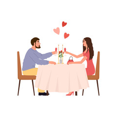 Happy couple celebrating Valentine's day with wine in cafe. Lovers on a romantic date. Young man and woman sitting in a restaurant. Vector illustration isolated on the white background