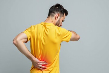 Man holding his lower back in pain. Back pain, injury, health problem, discomfort concept.