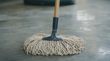 Mop Cleaning Floor: A close-up shot of a traditional string mop cleaning a concrete floor, emphasizing the texture and the process of cleaning.