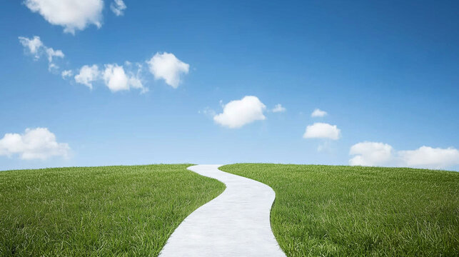 The Road Ahead: A winding, light-grey path cuts through a vibrant green field, leading towards a clear blue sky dotted with fluffy white clouds.  The image evokes a sense of journey, hope.