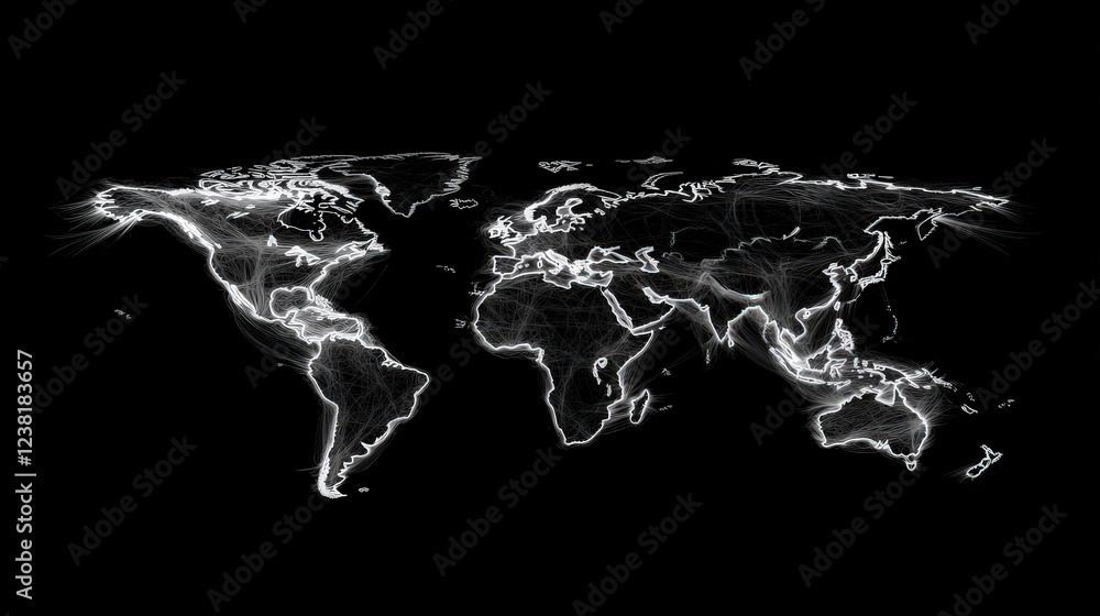 Poster a black-and-white world map with thin lines representing borders and oceans, creating a stark, class