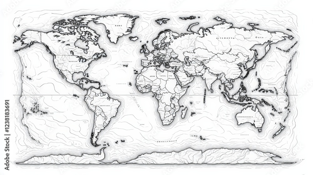 Poster a black-and-white world map with thin lines representing borders and oceans, creating a stark, class