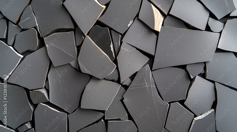 Poster close-up of irregular black stone tiles creating a textured abstract pattern with subtle lighting ef