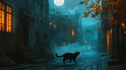 black cat crossing a spooky alley on Halloween night, with the full moon above and fog swirling around the cobblestone street