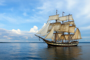 Fototapeta premium Tall ship sailing calmly on serene waters under cloudy sky