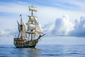 Historic sailing ship navigates calm waters under blue sky