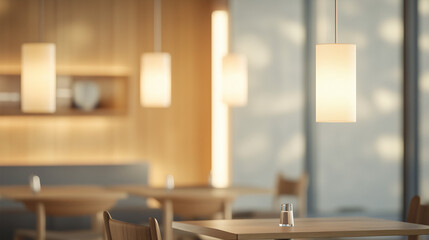 Minimalist Restaurant Interior:  A minimalist restaurant interior features wooden tables, chairs, and pendant lights. Warm light filters through the large windows.