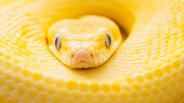 Albino Python Close-Up: Captivating detail of an albino python's head and coils, showcasing its striking yellow scales and intense gaze.  The texture of its skin is remarkably clear. 