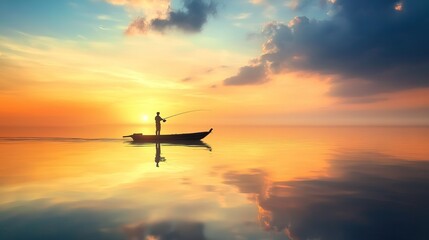 Serene sunset fishing scene with lone fisherman casting line into calm ocean waters, orange and gold sky reflection, nature’s beauty.