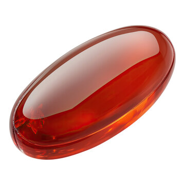 single translucent red capsule rests on dark background glossy surface and vibrant color isolated on png transparent background