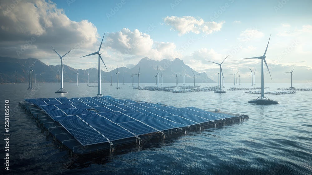 Poster breakthrough in renewable energy technology, showing a massive floating solar farm and ai-controlled
