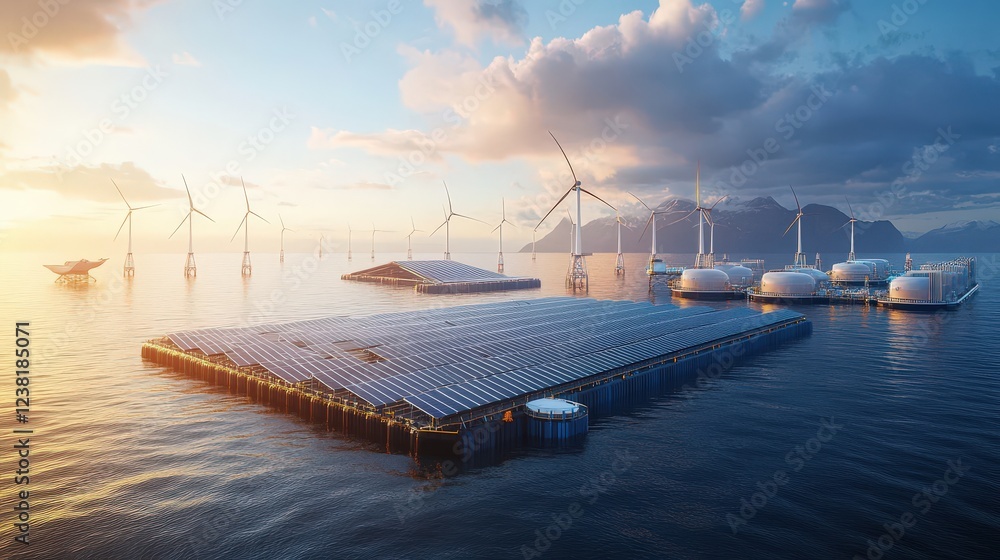 Poster breakthrough in renewable energy technology, showing a massive floating solar farm and ai-controlled