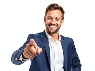 Businessman pointing to the side, gesturing towards a direction.  Presentation, direction, information, advertisement concept.