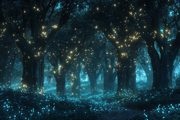 Obraz premium Enchanted forest filled with glowing lights and magical atmosphere at night
