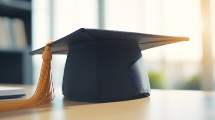 graduation cap on desk symbolizes educational achievement and milestones. soft light enhances celebratory mood