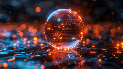Abstract glowing 3D spherical ball hovering over luminous printed circuit board with Artificial Intelligence. Modern digital code illustration. Greeting card in technological futuristic style.