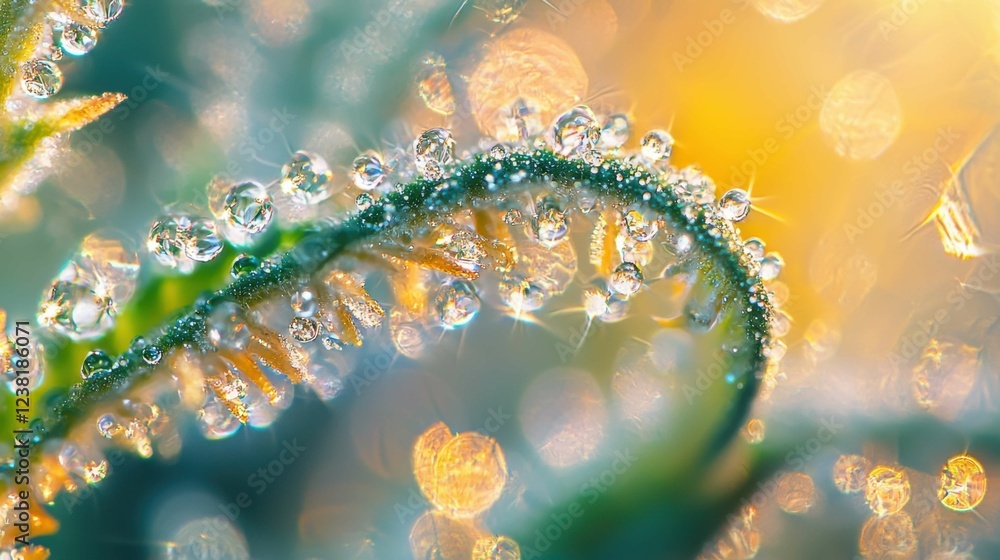 Poster dew drops on green leaf with soft bokeh background effects